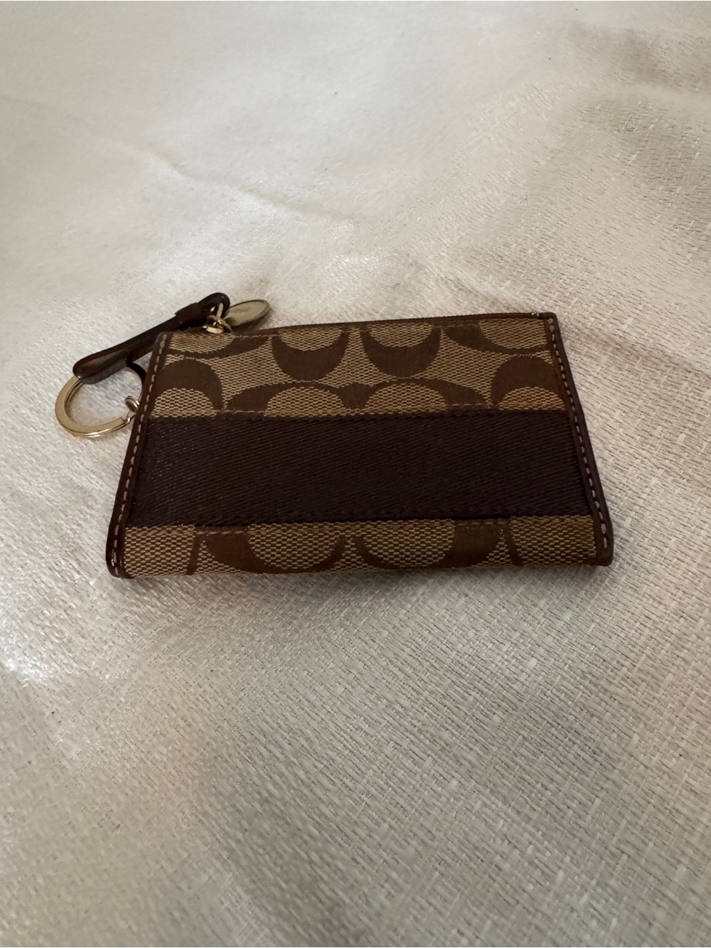 Coach Signature Canvas Keychain Card Holder Brown Monogram Zip Wallet